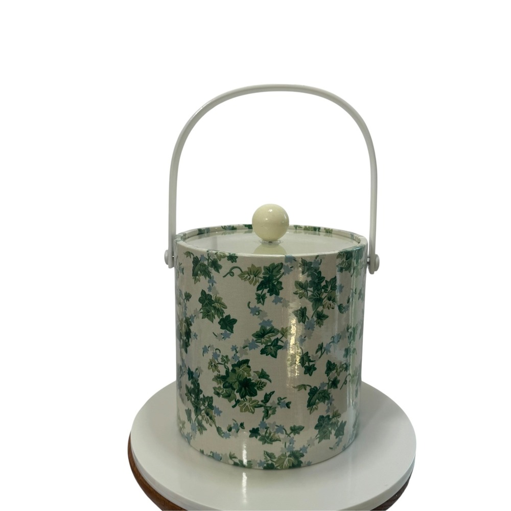 Vintage Kraftware Ice Bucket Green Ivy Blue Floral Insulated Barware with Lid